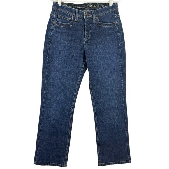 Lee Women's Blue Denim Jeans Size 8P Comfort Waist Stretch Straight Leg Mid Rise - Picture 1 of 12